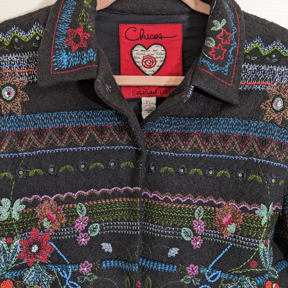 Chicos Anniversary Collection Black Wool Beaded Embroidered Floral Jacket size 1 - Picture 3 of 14
